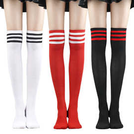 日韩休闲三条杠过膝袜舞蹈百搭长筒袜提花透气高筒女袜子厂家批发