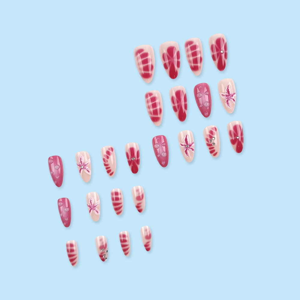 Europa y los Estados Unidos 3D relieve goteo de pegamento manicure rosa flor tridimensional perforación de uñas 24 piezas de parche de uñas