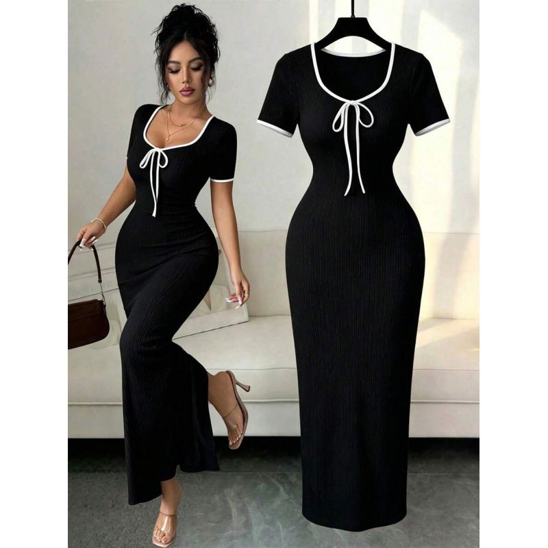 Cross-Border Amazon Europe and America 2026 Summer Elegant and Romantic Bow-Tie Waist-Cinching Design Short-Sleeved Long Dress for Women