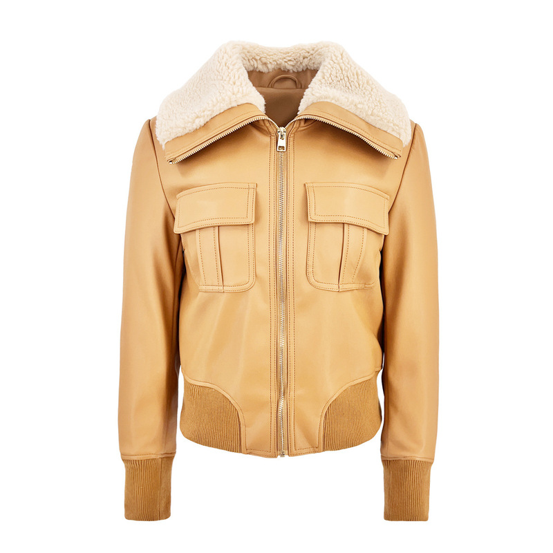 Women's Leather Jacket 2026 Winter New Style with Fur Collar Design, Waist-Cinching Short Style, Lamb Wool Fleece-Lined Leather Coat