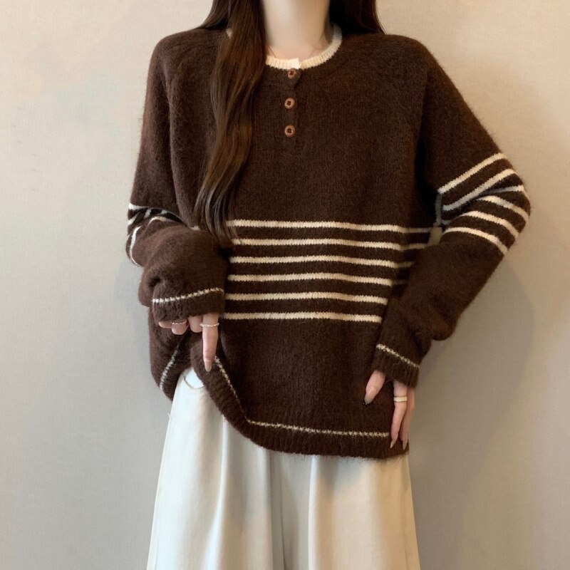 Melard striped regular shoulder knit sweater for women, 2026 autumn new style, plus size, Korean style, casual top Melard striped regular shoulder knit sweater for women, 2026 autumn new style, plus size, Korean style, casual top