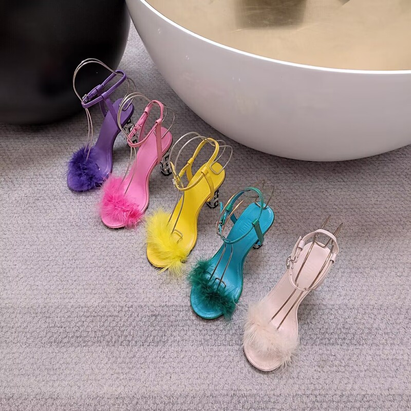Summer New Ostrich Feather Hollow Metal Special-Shaped High-Heeled Sandals 2025 Niche Buckle Genuine Leather Pure Color Sandals Trend