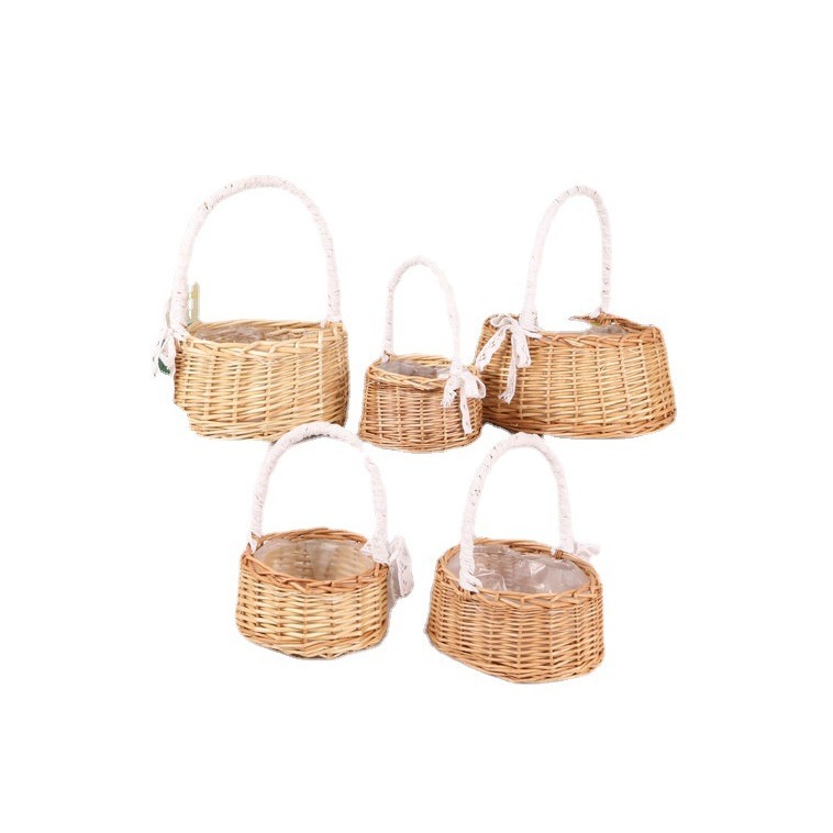 Regalo DE LA MANO perla princesa cesta sauce ratán tejida olla verde rosa flor niños foto cesta arco cinta portátil flor cesta