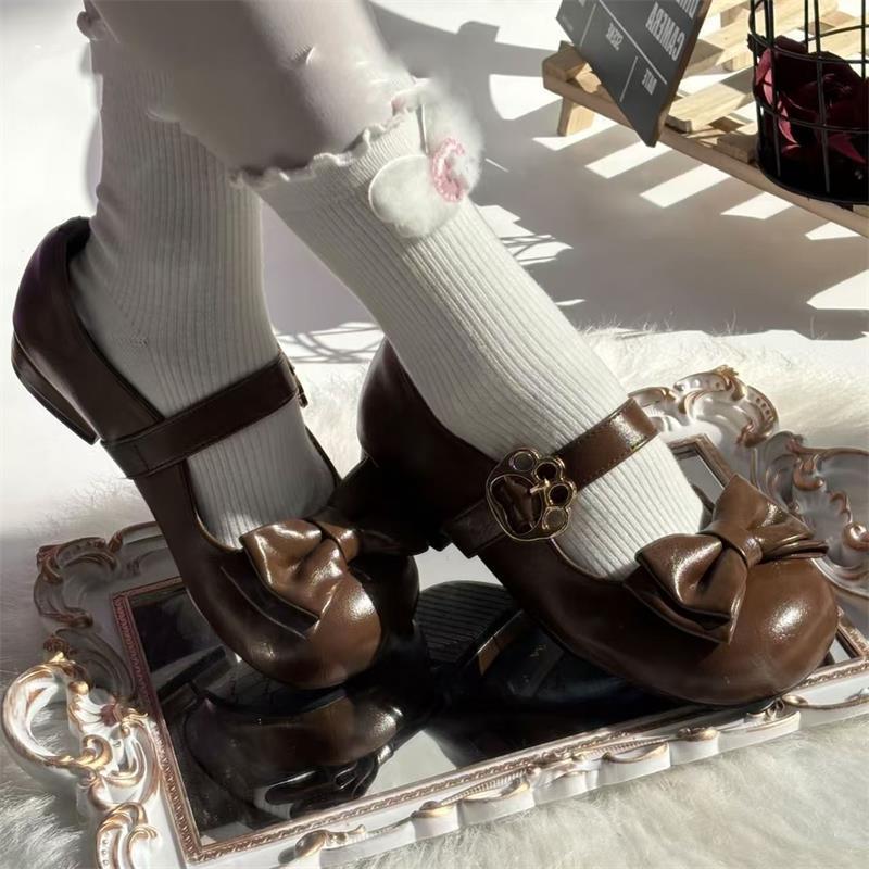 ラウンドトゥロリータシューズローヒールレディースシューズリボン甘くてかわいいカピバラJK制服靴とスカート|undefined