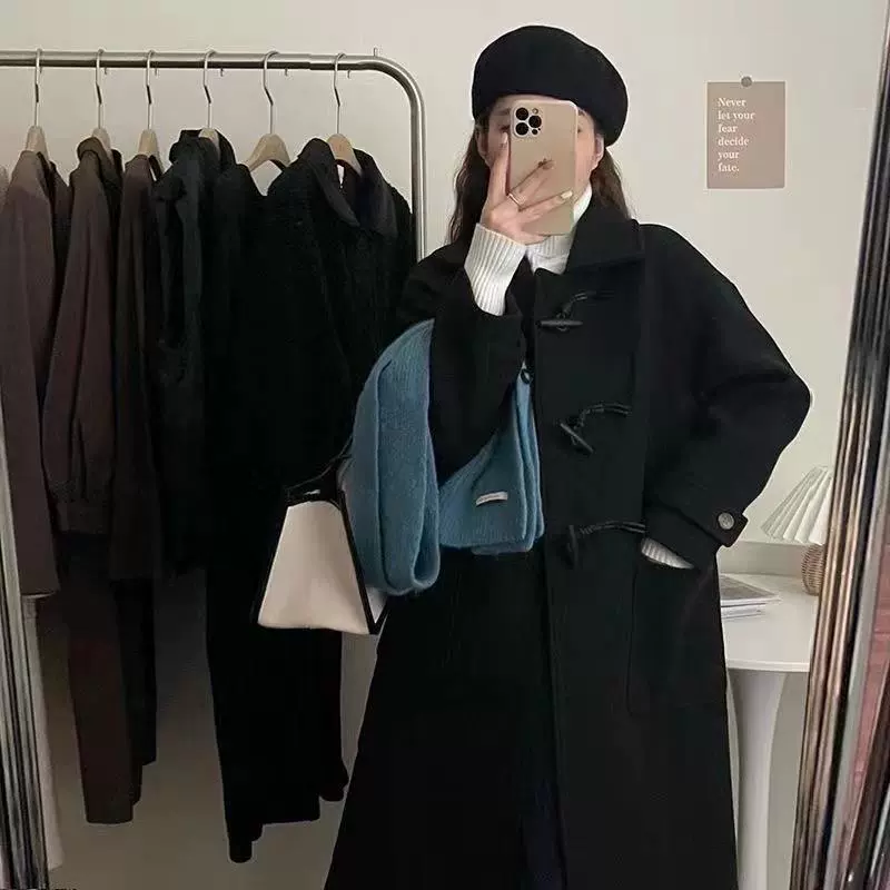 Длинное черное шерстяное пальто для подростков, средняя длина, западный стиль, свободный крой