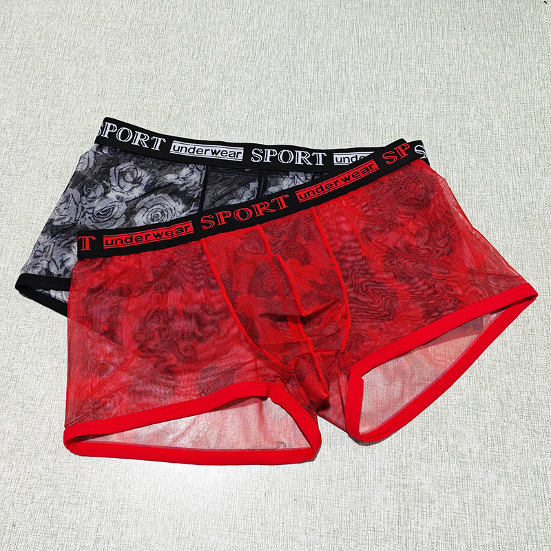 Printed Men's Underwear Mesh Rose Boxer Fashion Personalized Boys Shorts Elastic Mesh Breathable Boxer Briefs