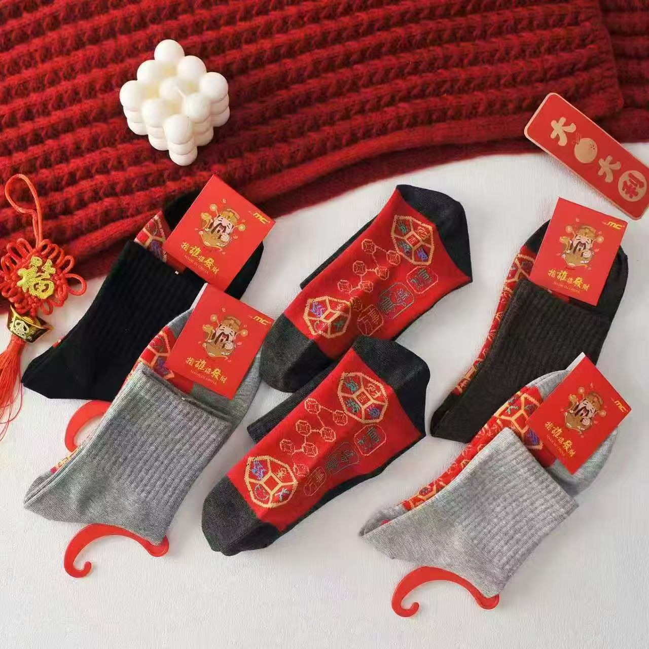 脚踏七星连珠袜子本命年红色旺运袜红袜子棉袜大红色男女中筒情侣