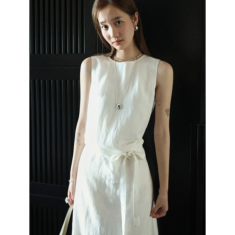 Lalaglov Tencel Linen Round Neck Tie Waist Slimming Sleeveless Vest Dress Elegant Long Dress for Women Summer