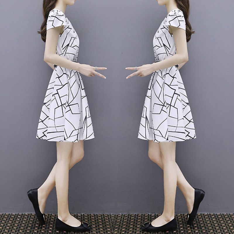 2025夏季新款修身显瘦印花雪纺连衣裙女装时尚中长款a字裙子女夏|undefined