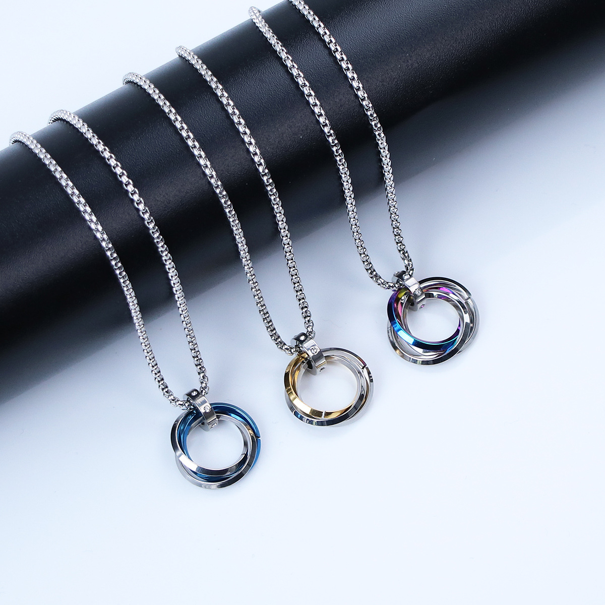 Cross-Border Hot Selling Three-Ring Necklace Stainless Steel Niche Pendant Hip-Hop Handsome Fashion Simple High-End Trendy Pendant for Women