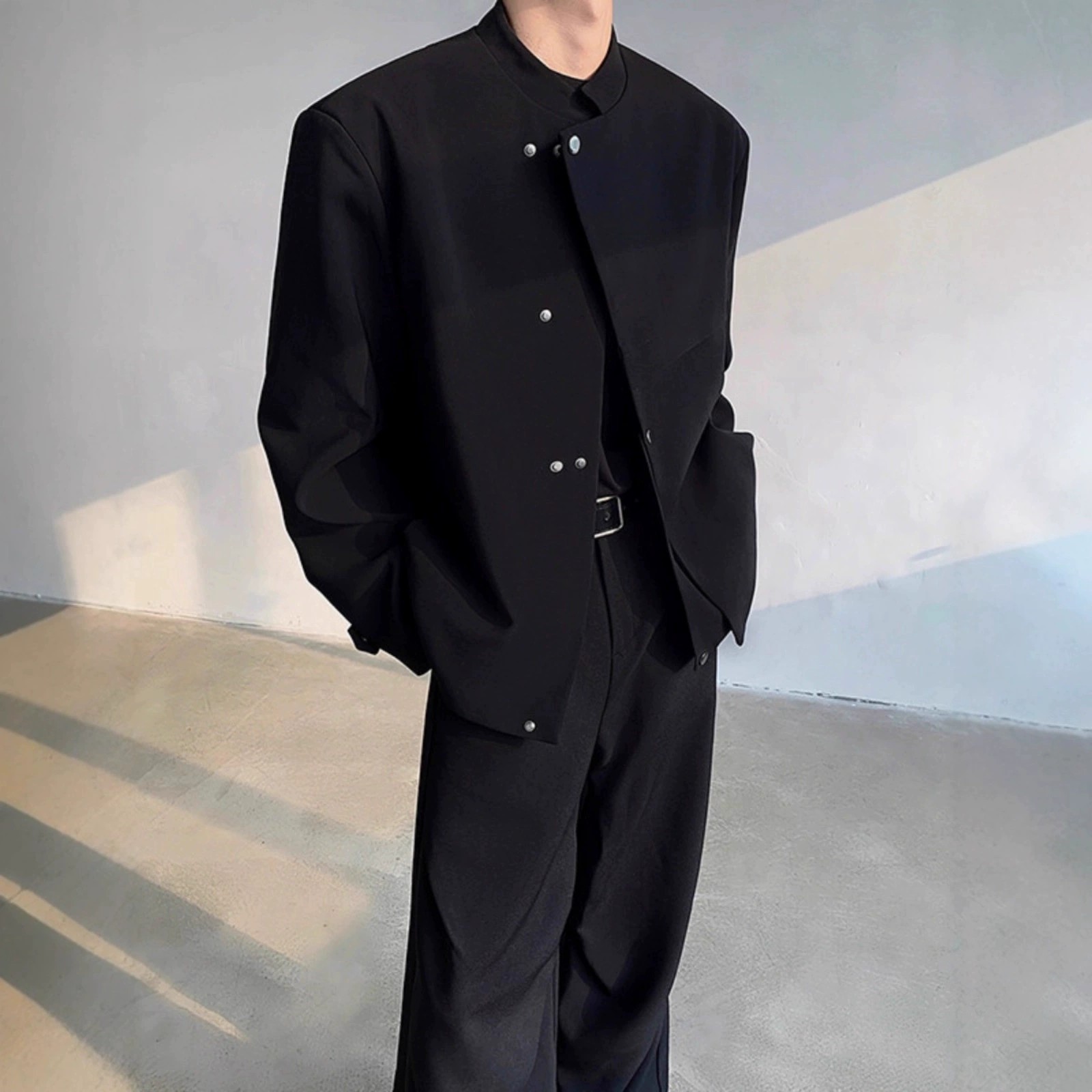 新中式国风斜门襟夹克男解构活页设计按扣潮牌立领垫肩中山装外套