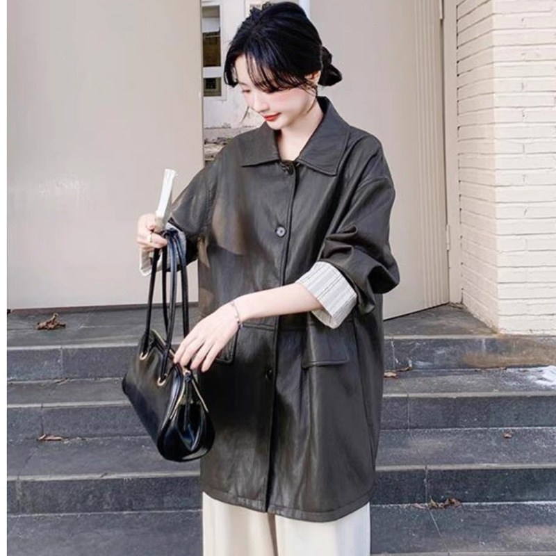 Early Spring New American Style Retro Old Protein Leather Coat Mid-length Coat Women's 2025 Motorcycle Coat PU Leather Jacket Early Spring New American Style Retro Old Protein Leather Coat Mid-length Coat Women's 2025 Motorcycle Coat PU Leather Jacket