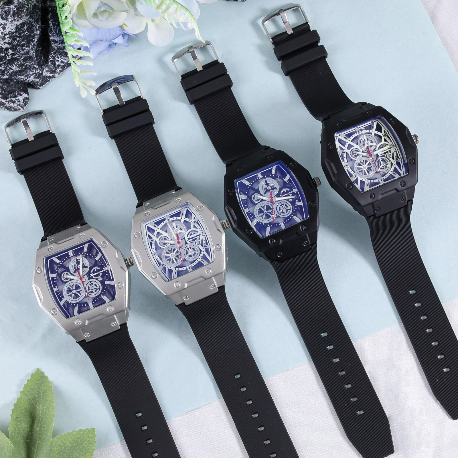 Elegant and Atmospheric Barrel-Shaped Tourbillon Watch Silicone Band Men's Watch Student Trendy Watch Manufacturer Wholesale Direct Sale