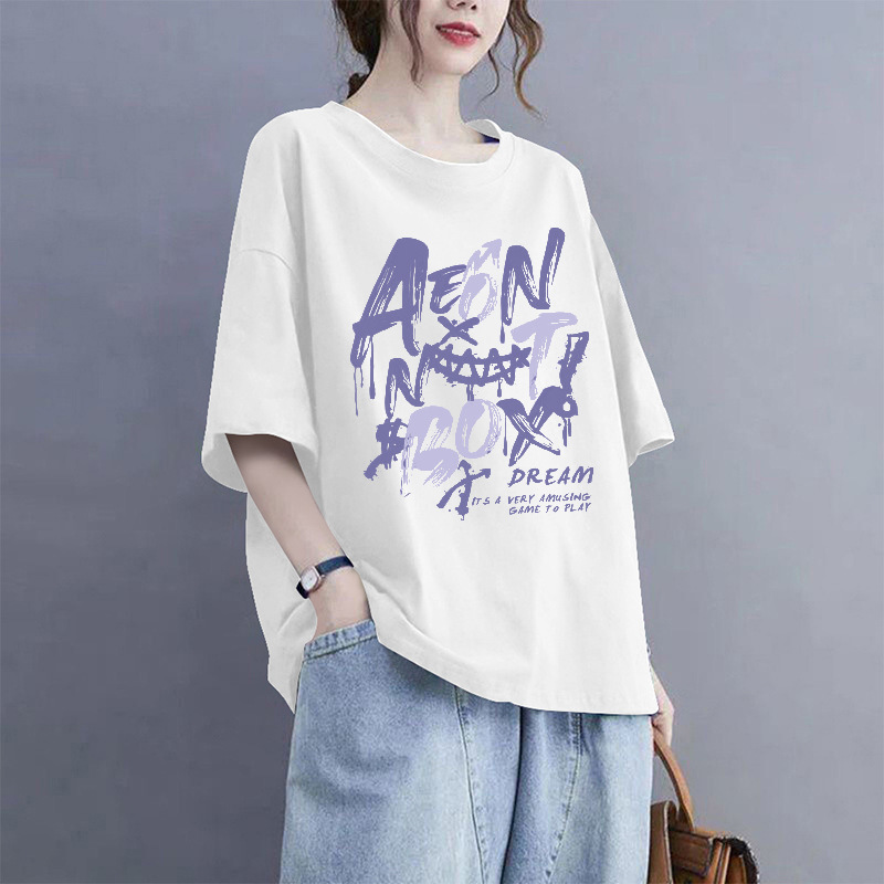 Summer 100kg Plus Size Pure Cotton T-Shirt Short-Sleeved Loose Belly-Covering T-Shirt Half-Sleeved Slimming Look and Flesh-Covering Printed Top for Women Summer 100kg Plus Size Pure Cotton T-Shirt Short-Sleeved Loose Belly-Covering T-Shirt Half-Sleeved Slimming Look and Flesh-Covering Printed Top for Women