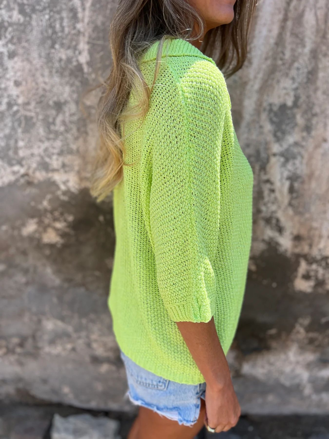 Damen-Sommer-Strickpullover mit Kragen, Dreiviertelärmeln, einfarbig_voghion.com
