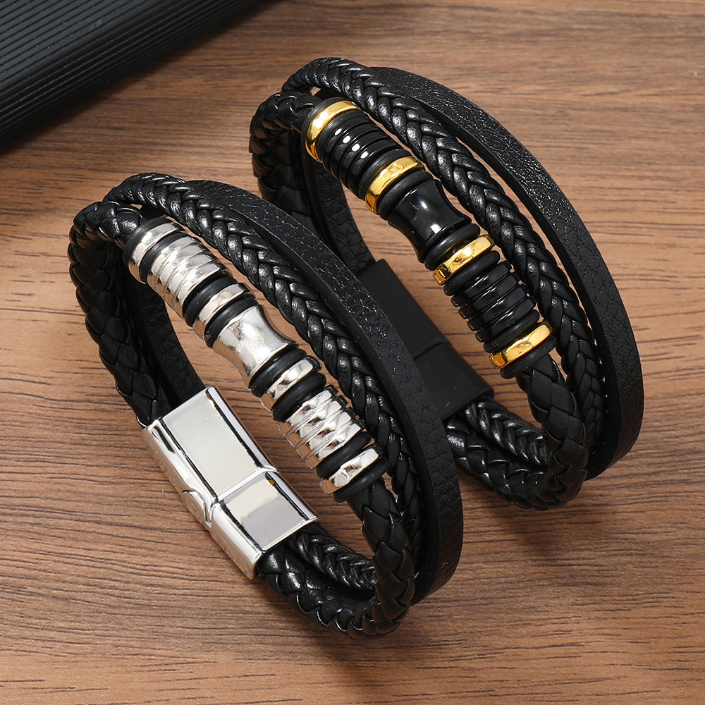28g Weight Classic Style Geometric Pu Leather Alloy Braid Men's Bracelets Men Cord & Leather Bracelets