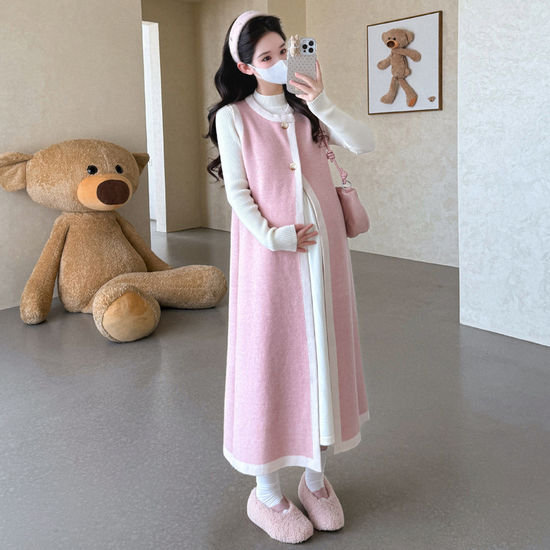 孕妇秋装连衣裙套装大码时尚潮妈新款开衫针织裙两件套|undefined