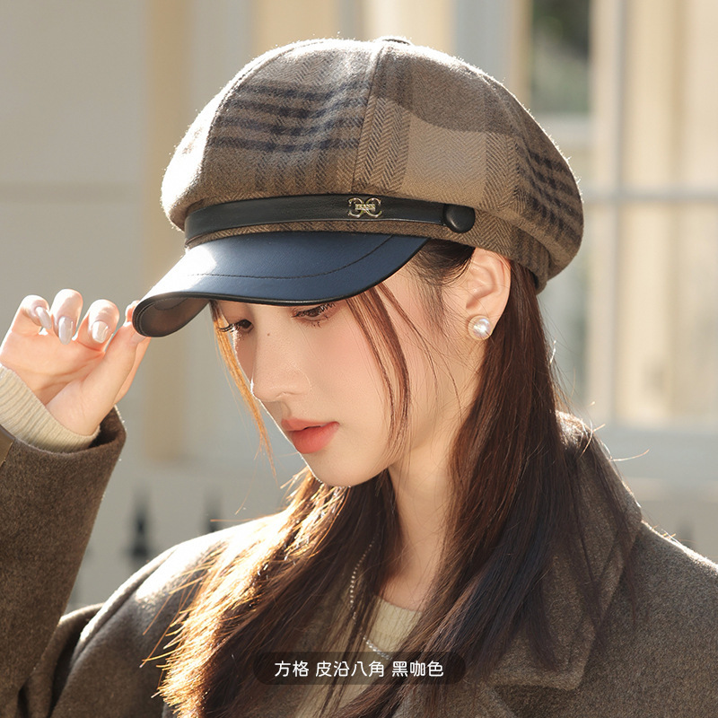 2025新款皮檐拼接韩版格子八角帽女秋冬季时尚休闲百搭鸭贝雷帽子|undefined