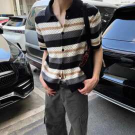 软糯新贵针织镂空膨体棉镂空短袖衬衫透气正肩合身老钱Cleanfit
