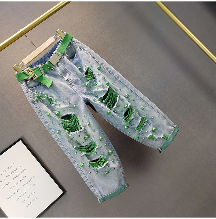 European Style Women's High Waist Distressed Jeans Loose Baggy Pants With Heavy Pearl Embellishment_ecoleips.com