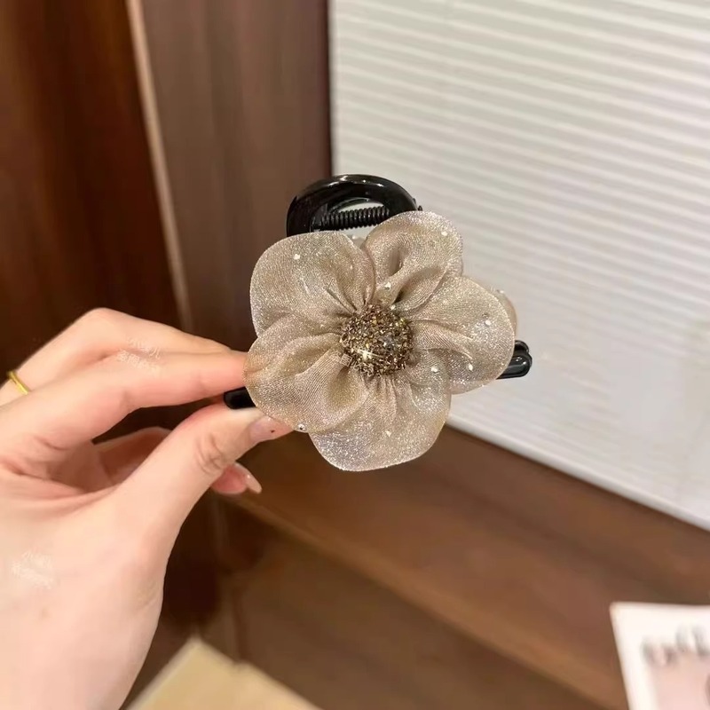 女性のためのハイエンドメッシュラインストーンフラワーグリッパー 2025 新しいサメクリップハイポニーテールヘアクリップ後頭部ヘアクリップ|undefined