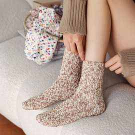 秋冬珊瑚绒袜子女彩点居家地板袜加厚保暖彩色毛巾袜睡眠袜月子袜