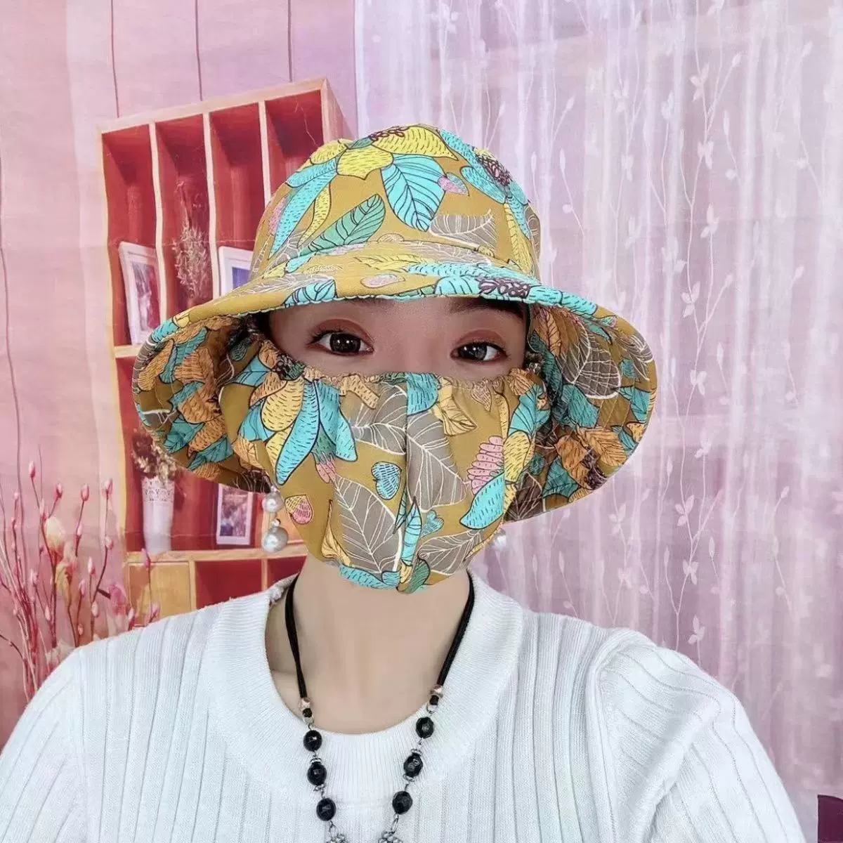 夏季遮阳防晒帽女帽子口罩一体遮脸采茶下地干活农村大檐帽