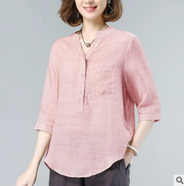 Женская летняя рубашка из хлопка и льна, топ большого размера с короткими рукавами и V-образным вырезом для матери, с семью рукавами из хлопка и льна, лето 2021