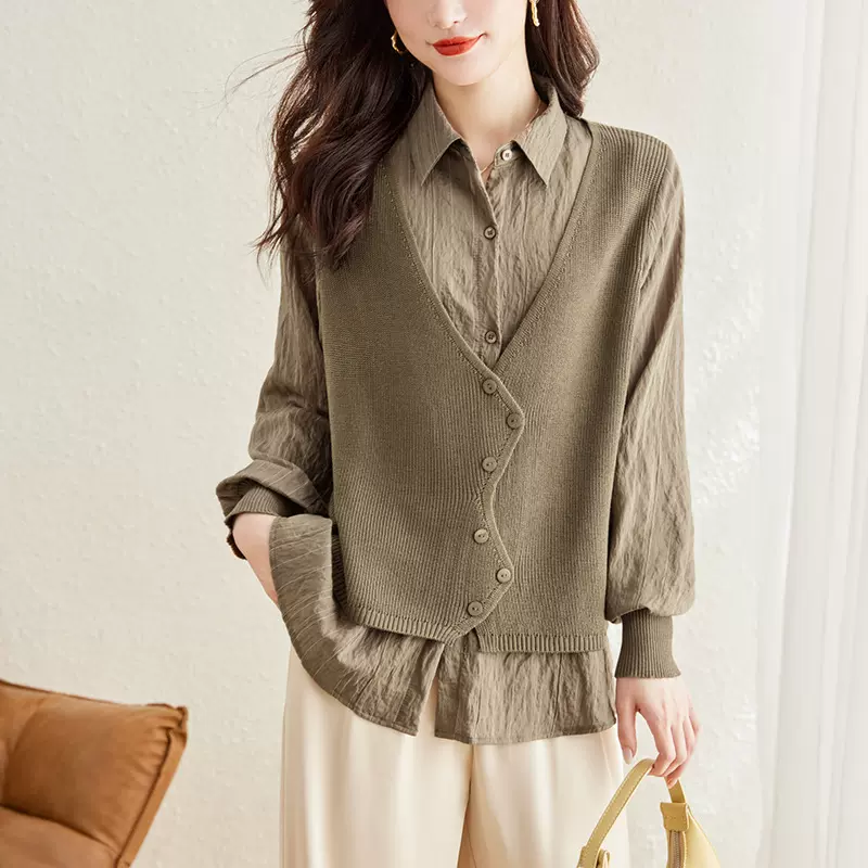 秋季2025新款春秋洋气女装针织拼接衬衣假两件女上衣长袖衬衫