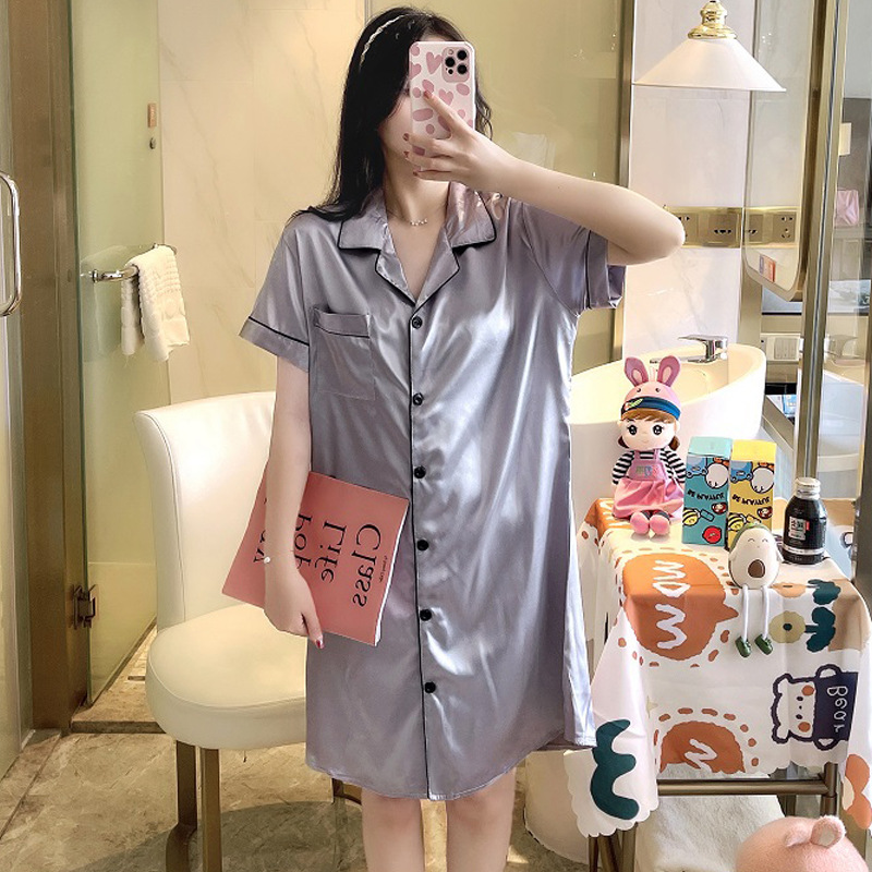 Ice silk cardigan short-sleeved nightdress summer women's pajamas sexy charming shirt collar dress loose home wear