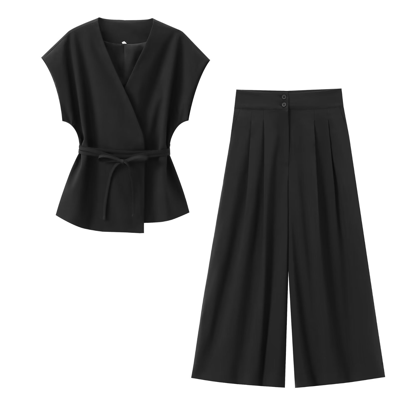 Cross-border Foreign Trade Women's Clothing 2025 Summer European And American Style V-neck Tie Top + Pleated Pants Set_ecoleips.com