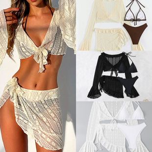 2025 New European and American Pure Color Mesh Long-Sleeved Blouse Swimsuit Beach Bikini Split Swimsuit Women's Four-Piece Set