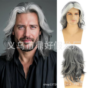 Men's Wig for Foreign Trade, Medium-Length, Parted, Curly, Gray and White Mixed Color Gradient Long Curly Hair, Gray Highlights, Natural Curly Men's Hair