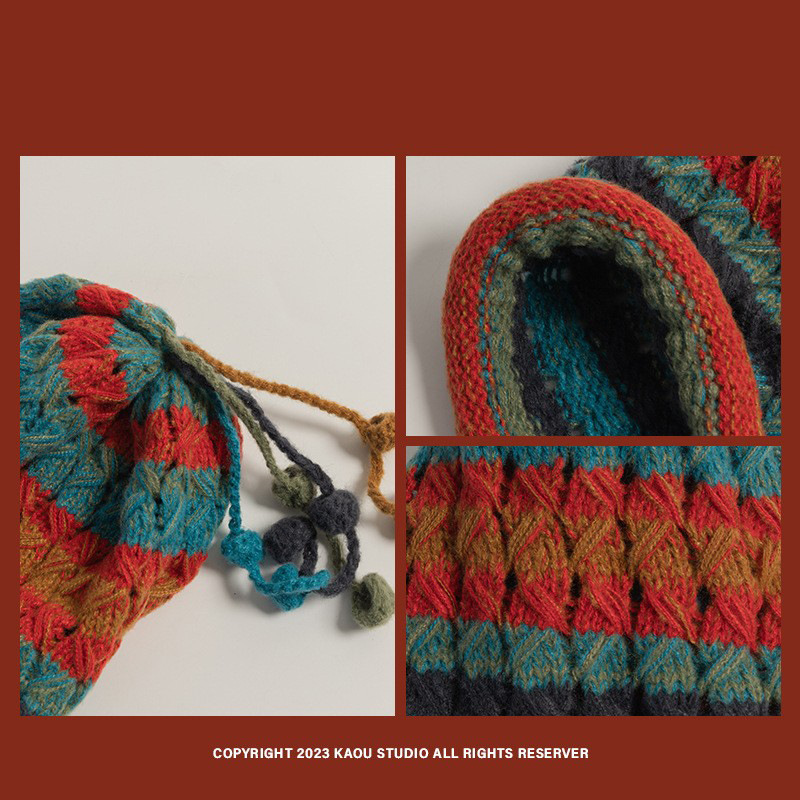 Japonés retro hecho a mano ganchillo nicho borla sombrero de lana hembra otoño e invierno cálido protección del oído sombrero de punto entre padres e hijos sombrero frío