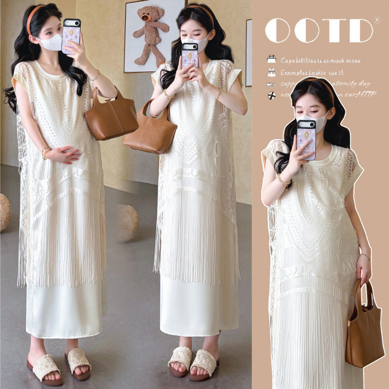 Maternity Wear, Summer Trendy Mom Fashion, New Style, Loose-Fitting, Trendy Mom Style, High-End, Slimming, Stylish Tassel Dress for Going Out