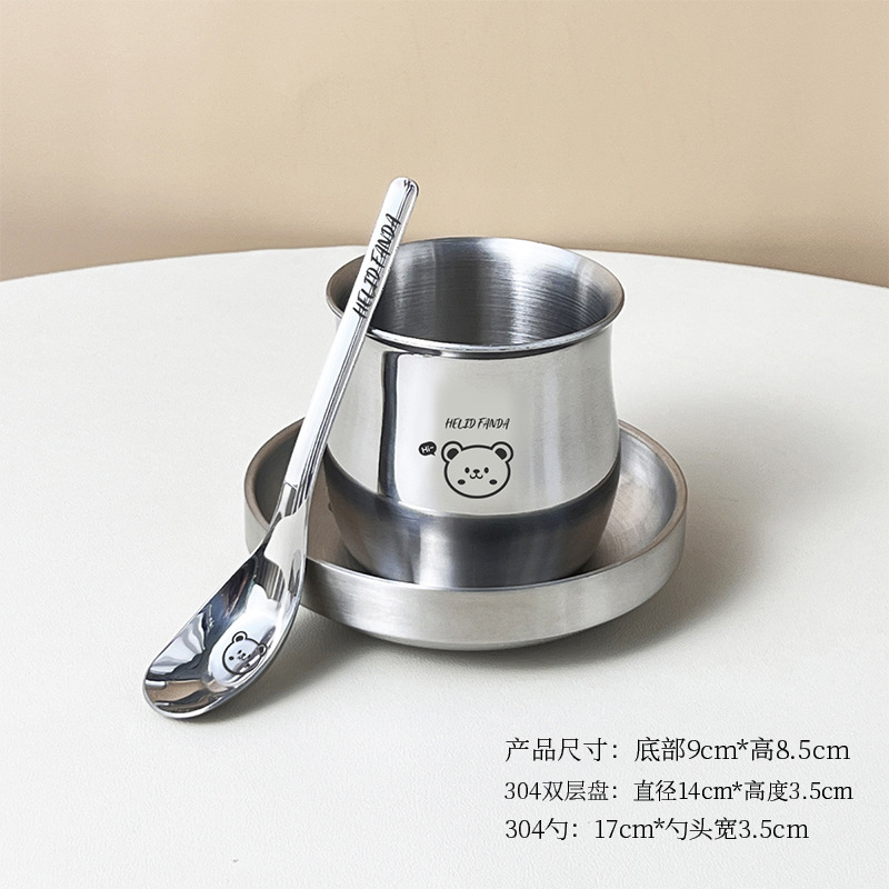 브렉퍼스트 컵 - 허허베어 - 450ml + 316L 스테인레스 스틸 잉곳 스푼 + 304 더블 레이어 접시