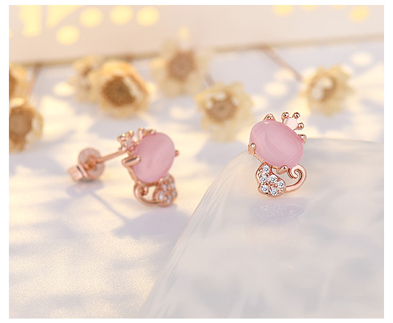 Copper Material 1 Pair Cute Streetwear Cat Inlay Copper Cat's Eye Stone Ear Studs
