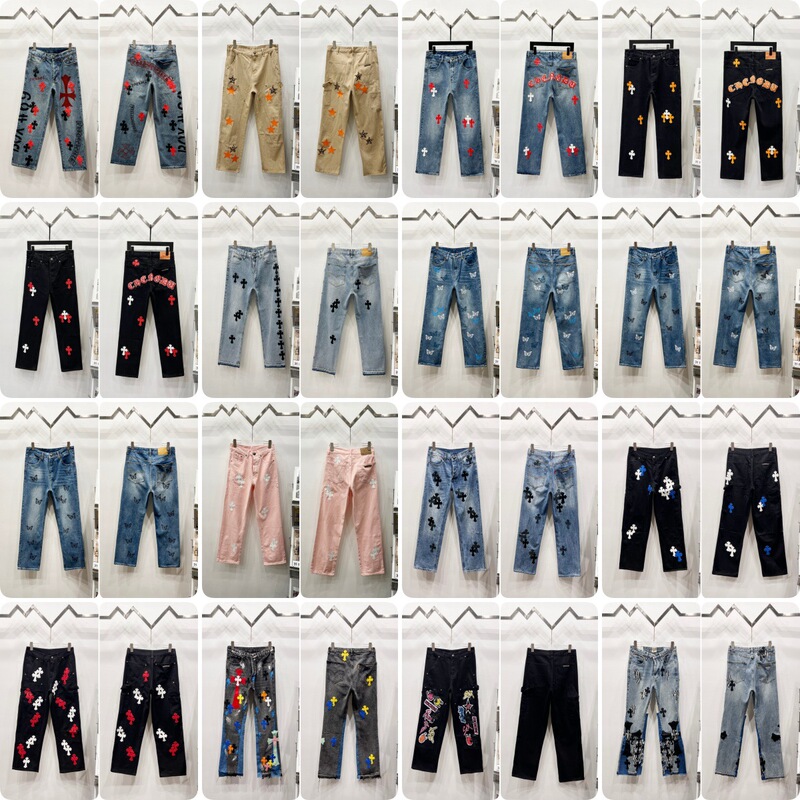 Chrome Heart Cross Leather Label Washed Jeans High Street Loose Jeans Full Range