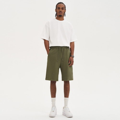 2024 Summer 380G Terry Cotton Men's Shorts Solid Color High Street Drawstring Five Points Casual Pants Men's Trendy Brand