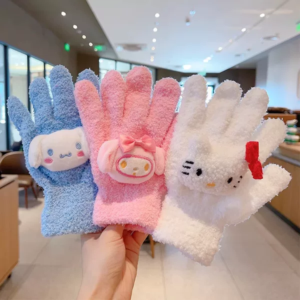 [Little Red Riding Book Same Style] KT Cat Gloves Koromi Coral Fleece Girl's Knitted Plush Five-Finger Riding Gloves