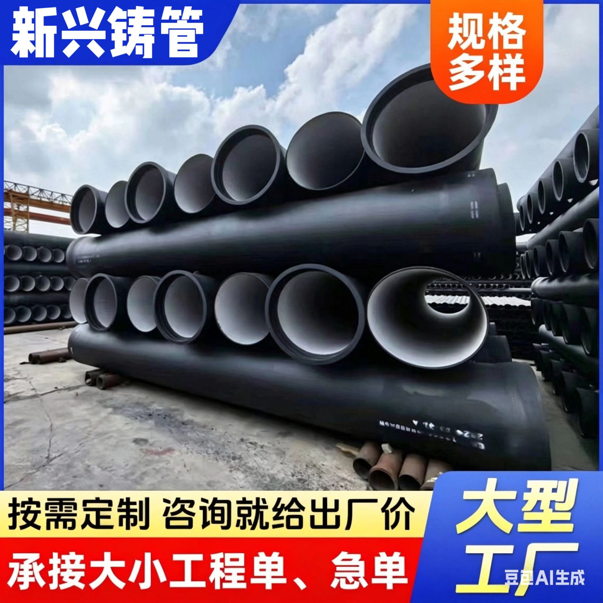 广东新兴球墨铸铁管DN80-DN2200市政给水排水K9离心浇铸球墨管