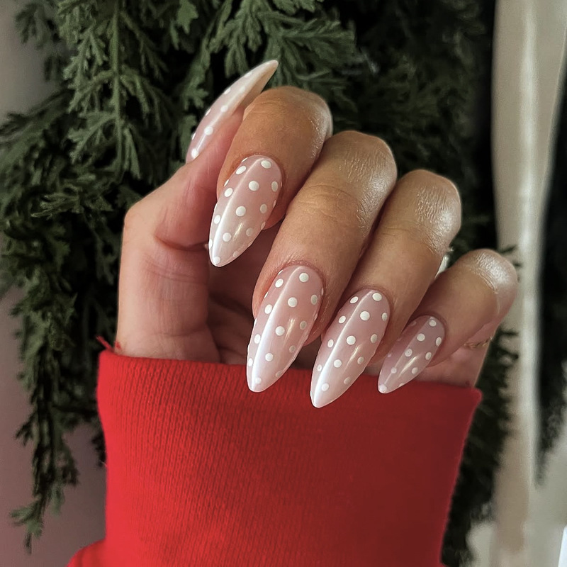 Cross-Border European and American Fashion Nude Pink Polka Dot Press-On Nails, Same Style as on Instagram, Cat Eye Nail Art, 24 Pieces