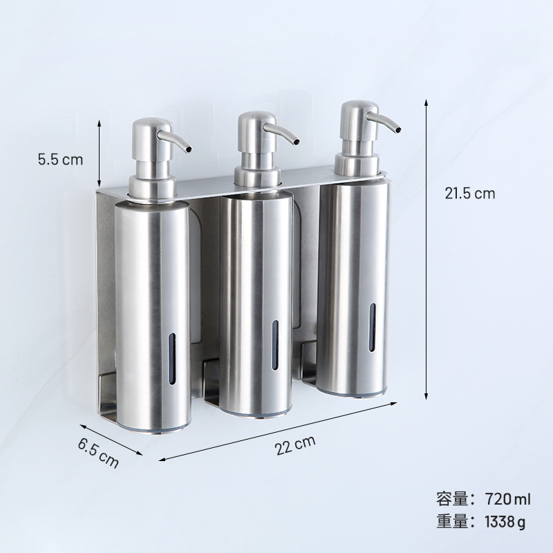 Dispensador de jabón de pared de acero inoxidable para baño de hotel transfronterizo, champú de baño, gel de ducha y dispensador de jabón
