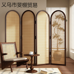 Medieval Solid Wood Rattan Folding Screen Shielding Partition Living Room Hotel Office B&B Foldable Simple Mobile Screen