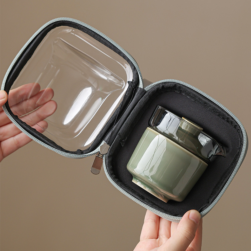 Yue Kiln Celadon Travel Tea Set, Single Person Quick Guest Cup, One Person Tea Cup, Portable Glass Ceramic Package for Gongfu Tea Set