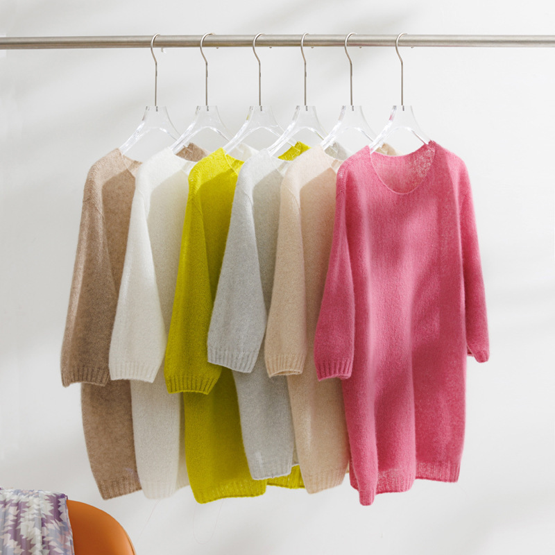 Cashmere mulberry silk first-line clothing Korean style soft glutinous spring and autumn short sleeve women's round neck loose thin bottoming shirt sweater Cashmere mulberry silk first-line clothing Korean style soft glutinous spring and autumn short sleeve women's round neck loose thin bottoming shirt sweater