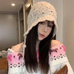 新款细闪亮片流苏毛线帽女秋冬季保暖绑带针织帽甜美百搭套头帽子