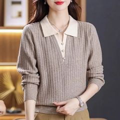 春と秋の新作偽ツーピース無地多用途セータートップ女性の人気のポロシャツラペル長袖セーターベース