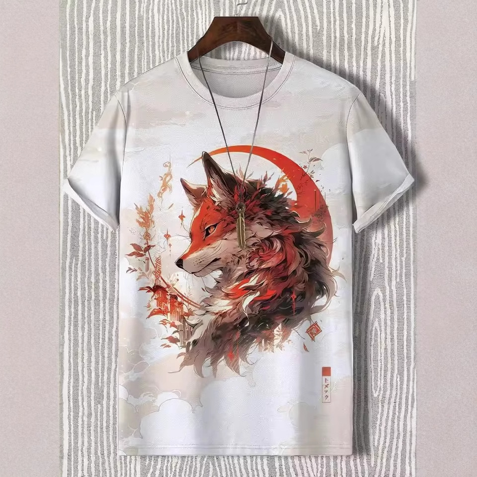 Tinta Jianghu Cat Dog Hero 3D Impresión digital Spot Moda callejera para hombres Camiseta de manga corta con cuello redondo y hombro