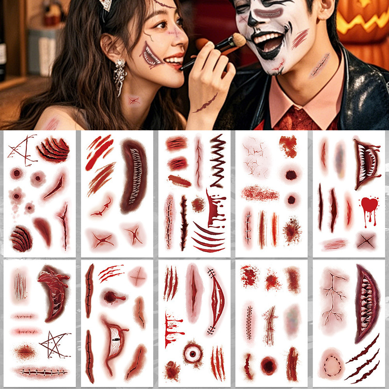 Cross-Border New Halloween Realistic Scar Tattoo Stickers Waterproof Horror Face Stickers Party Quirky Makeup Stickers Cross-Border New Halloween Realistic Scar Tattoo Stickers Waterproof Horror Face Stickers Party Quirky Makeup Stickers